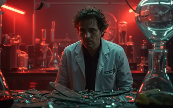 A scientist in a lab coat sits amid an experimental setup with glassware and red lighting, captured in a 4K Ultra HD PC desktop wallpaper background.