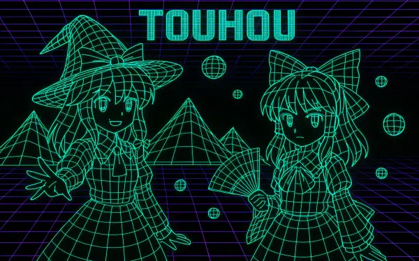 4K Ultra HD Touhou desktop wallpaper featuring neon green grid-style characters and geometric shapes on a black background, blending retro and futuristic aesthetics.