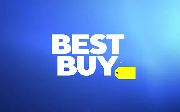 HD PC desktop wallpaper featuring the Best Buy logo with bold white text and a yellow price tag icon on a blue gradient background.