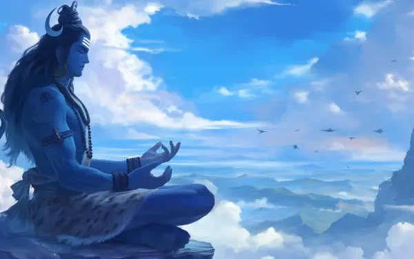 HD PC wallpaper depicting Lord Shiva, also known as Mahadev, meditating peacefully above the clouds in a serene religious scene.