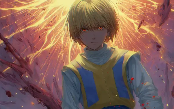 HD PC desktop wallpaper featuring Kurapika from Hunter x Hunter, depicted with glowing red eyes and an intense, fiery background in anime style.
