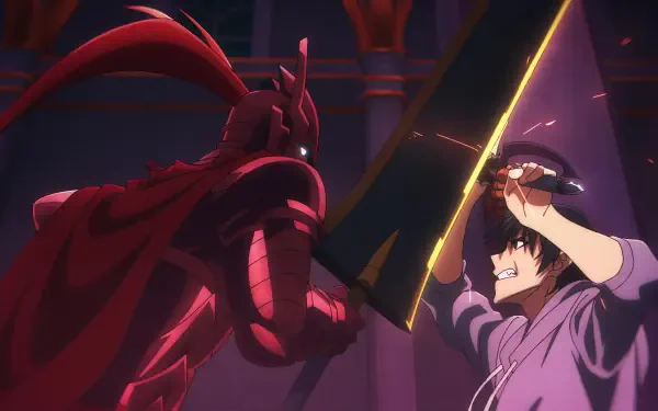 Anime HD wallpaper featuring Sung Jin-Woo from Solo Leveling wielding a glowing broadsword against Igris in a dramatic battle scene.