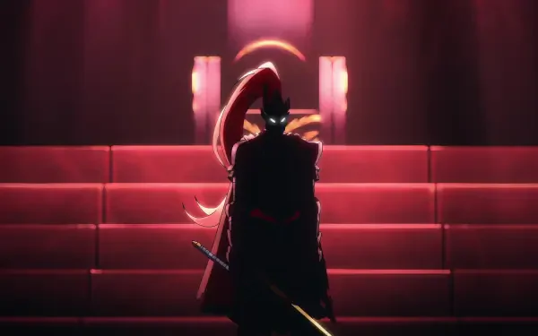 Anime HD desktop wallpaper featuring Igris from Solo Leveling, bathed in red hues and standing prominently with a sword against a dramatic red background.