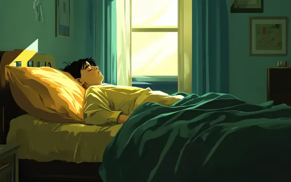 A boy resting in bed, appearing sick, with soft morning light streaming through a window, captured in a detailed 4K Ultra HD desktop wallpaper style.
