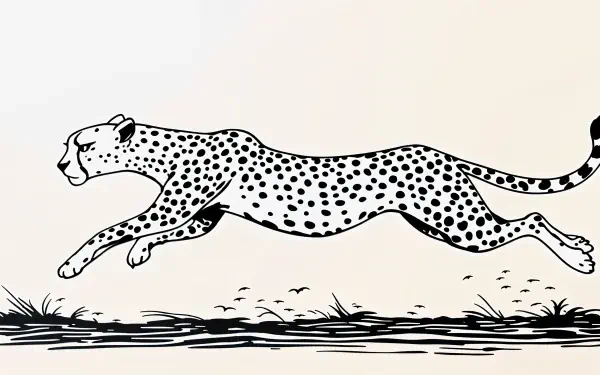 A detailed black and white illustration of a running cheetah, designed as a 4K Ultra HD PC desktop wallpaper and background.