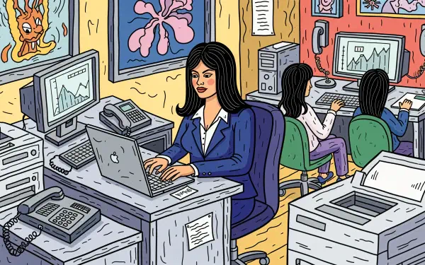 Illustration of a corporate job office scene with employees working on computers, featuring detailed 4K Ultra HD desktop wallpaper and background elements.