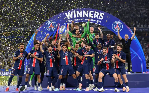 Paris Saint-Germain F.C. players, including Marcos Aoás Corrêa, celebrate winning the UEFA Champions League, captured in a 4K Ultra HD soccer wallpaper.