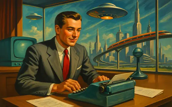 4K Ultra HD desktop wallpaper showing a corporate job scene with a suited man typing on a typewriter against a futuristic cityscape background.