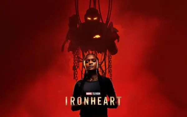 High-resolution 8K Ultra HD wallpaper featuring the TV show Ironheart with a character standing confidently against a dramatic red background and robotic figure looming behind.