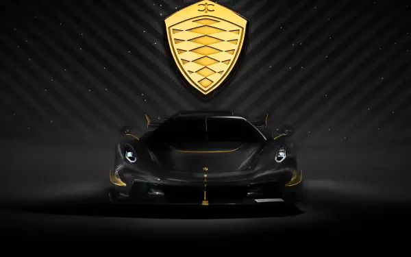 Black Koenigsegg Jesko car showcased in dramatic lighting with the Koenigsegg emblem above, captured in 8K Ultra HD for a striking PC desktop wallpaper.