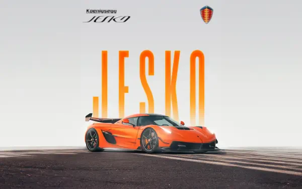 Orange Koenigsegg Jesko supercar parked on asphalt with bold JESKO text, featuring 4K Ultra HD clarity for PC desktop wallpaper and background.