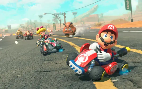 4K Ultra HD PC desktop wallpaper featuring vibrant action from the Mario Kart world, with Mario racing ahead on a dynamic, colorful track.