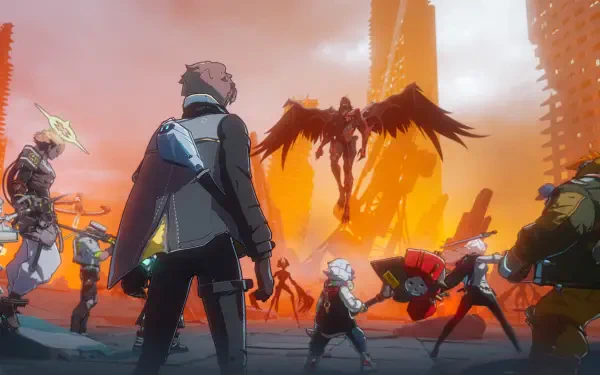 HD PC desktop wallpaper from the video game Etheria: Restart, featuring characters facing a fiery winged figure in a dystopian cityscape.