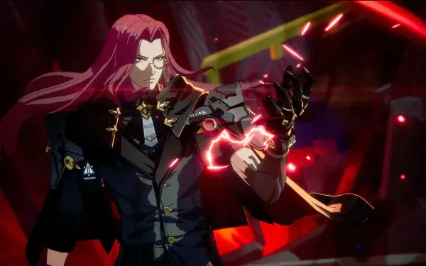 HD PC desktop wallpaper featuring a character from the video game Etheria: Restart wielding glowing weapons amid dynamic red and dark tones.