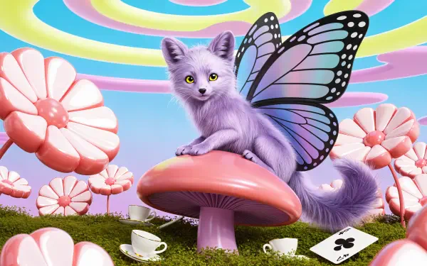 A magical creature with butterfly wings and purple fur sits on a mushroom among oversized flowers and teacups, captured in vibrant 4K Ultra HD PC desktop wallpaper quality.