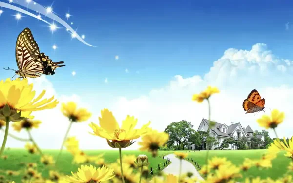 HD PC desktop wallpaper featuring a butterfly in the foreground with yellow flowers, a bright blue sky, clouds, and a distant house in the Frutiger Aero style.
