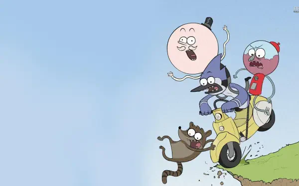 HD PC desktop wallpaper featuring Mordecai, Rigby, Benson, and Pops from the TV show Regular Show riding a scooter off a cliff.