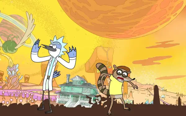 HD desktop wallpaper featuring Rick from Rick and Morty and Mordecai and Rigby from Regular Show in a vibrant, animated alien landscape.