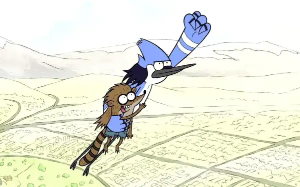 HD desktop wallpaper featuring Mordecai and Rigby from the TV show Regular Show flying high above a sprawling landscape.