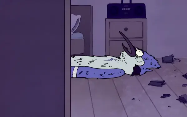 4K Ultra HD PC wallpaper featuring Mordecai from the TV show Regular Show lying on the floor in a dimly lit room with scattered broken items around him.