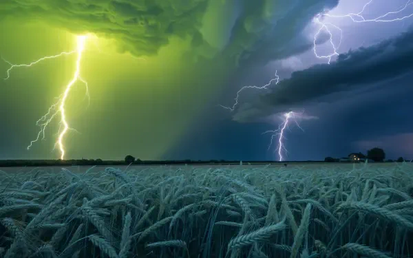4K Ultra HD desktop wallpaper showcasing a dramatic lightning storm over a field under a stormy, green-tinged sky.