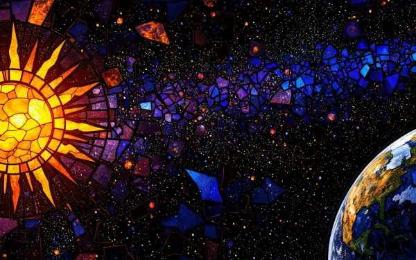 HD desktop wallpaper depicting the sun, Earth, and stars in a vibrant stained glass art style against a dark cosmic background.