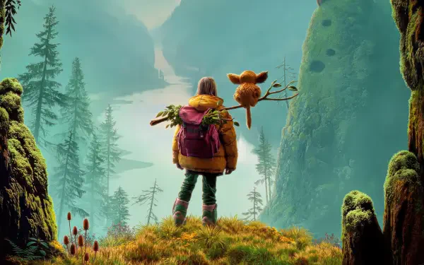 4K Ultra HD desktop wallpaper from the movie The Legend of Ochi, featuring a person with a backpack and a small creature overlooking a lush, misty valley with towering cliffs.