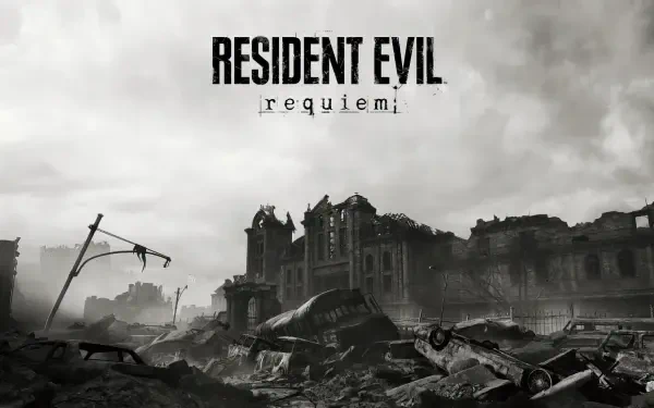 HD PC desktop wallpaper featuring a dark, post-apocalyptic scene from the video game Resident Evil Requiem with ruined buildings and debris under a cloudy sky.
