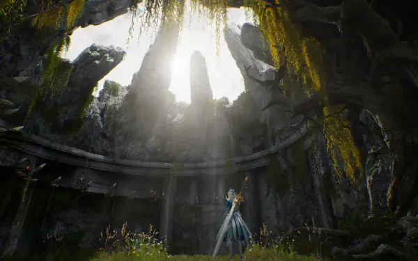 HD PC desktop wallpaper from the video game Vindictus: Defying Fate, showing a character standing in a circular, ancient ruin illuminated by sunlight streaming through an opening above.