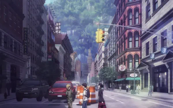 Anime Attack on Titan 2K Quad HD PC desktop wallpaper: three figures in military coats cross a city street lined with brownstone buildings beneath a brooding, clouded sky.