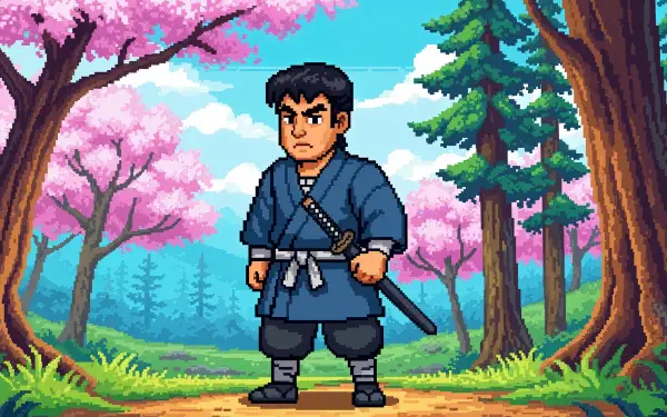 4K Ultra HD pixel art wallpaper of a samurai standing confidently on a forest path surrounded by blooming cherry blossom trees and vibrant greenery.