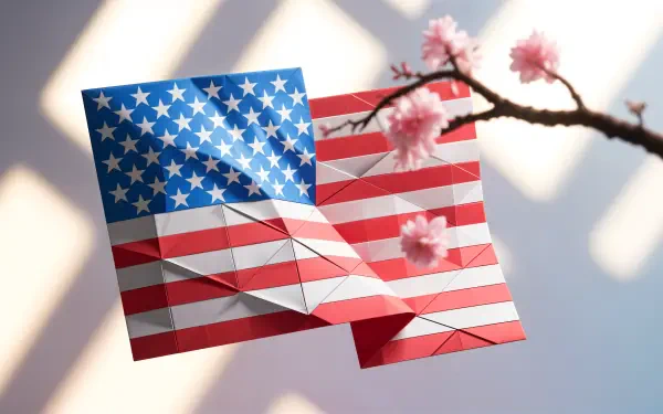 4K Ultra HD desktop wallpaper featuring an American flag paper airplane with cherry blossoms, celebrating Flag Day in soft natural light.