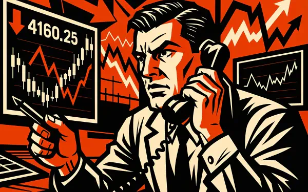 Vector illustration of a focused stock trader analyzing market data on multiple screens, rendered in bold colors as a 4K Ultra HD PC desktop wallpaper and background.