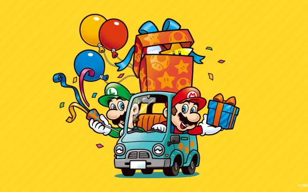 HD PC desktop wallpaper featuring Nintendo's Mario and Luigi celebrating with balloons, confetti, and gifts in a festive video game scene.