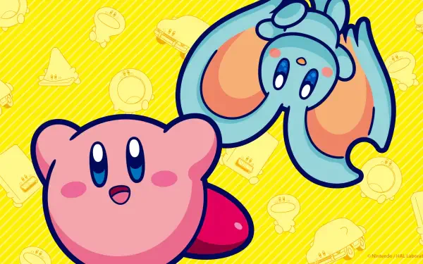 HD PC desktop wallpaper featuring Kirby and a blue bat character from Nintendo's Kirby video game series on a bright yellow patterned background.
