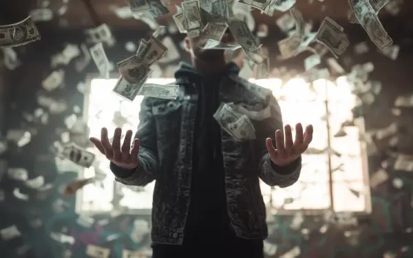 A mysterious figure surrounded by flying dollar bills, symbolizing greed and wealth, captured in a 4K Ultra HD PC desktop wallpaper.