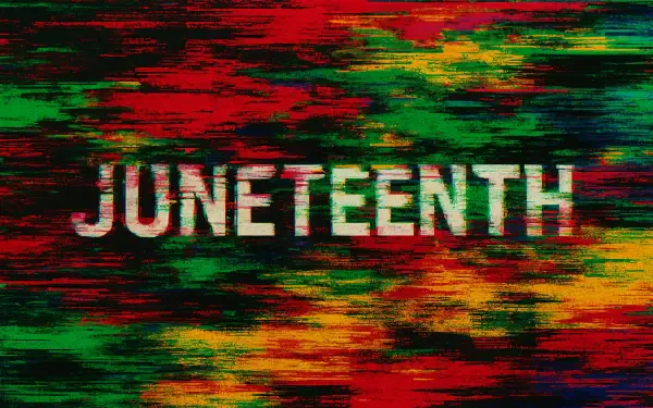 Vibrant, glitch-style 4K Ultra HD desktop wallpaper featuring the word Juneteenth against a dynamic red, green, and yellow abstract background.