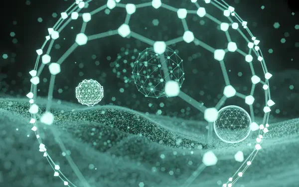 4K Ultra HD PC desktop wallpaper featuring glowing interconnected spheres and molecular structures floating over a textured, wave-like surface in cool green tones.