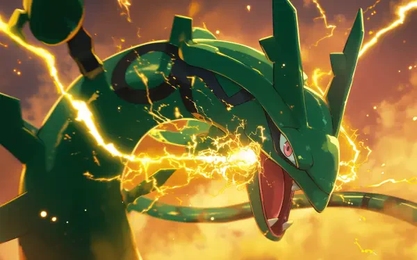 HD anime-style desktop wallpaper of the legendary Pokémon Rayquaza surrounded by lightning in a dynamic and powerful pose.