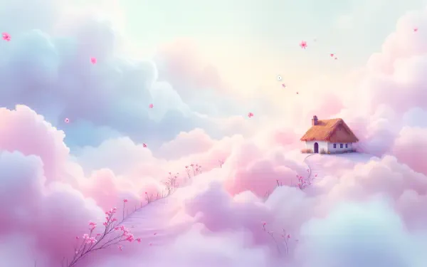 A serene cottagecore scene with a cozy house resting among pastel pink clouds, rendered in 4K Ultra HD for PC desktop wallpaper and background.