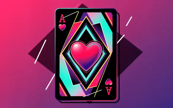 Vibrant 4K Ultra HD playing card wallpaper featuring a stylized Ace of Hearts with neon geometric patterns on a pink and purple gradient background.