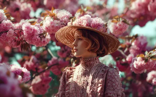 A vintage spring-themed 4K Ultra HD wallpaper showing a woman in a lace dress and wide-brimmed hat surrounded by blooming pink flowers.