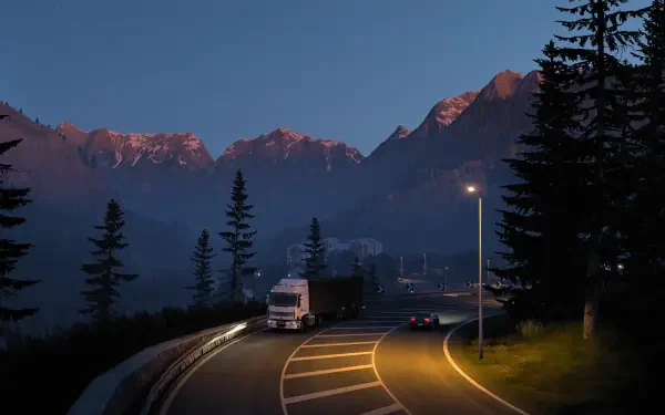 HD Euro Truck Simulator 2 desktop wallpaper showing a truck driving on a curved mountain road at dusk with trees and distant peaks under a clear sky.