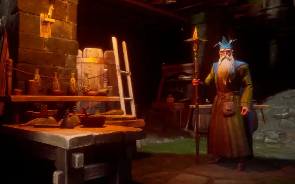 HD PC desktop wallpaper from the video game RuneScape: Dragonwilds, featuring a wizard character standing in a dimly lit, medieval-style workshop with potions and tools.
