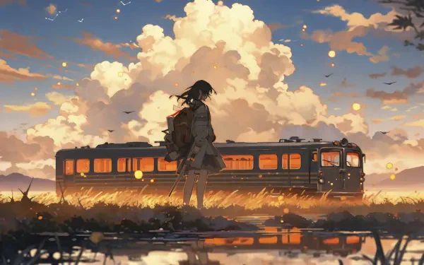 Anime-style scene of a girl standing by a train track with a glowing train and dramatic clouds, captured in vibrant colors as a 4K Ultra HD desktop wallpaper.
