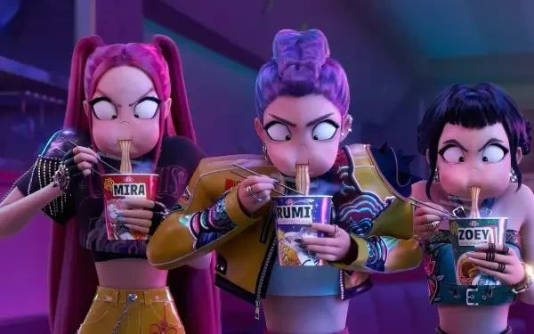 HD PC desktop wallpaper featuring animated characters from the KPop-themed movie Demon Hunters, each sipping from labeled drink cups in a vibrant, stylized scene.