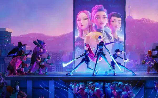 HD PC desktop wallpaper featuring an action-packed scene from the movie KPop Demon Hunters, showcasing vibrant characters ready for battle against a glowing cityscape backdrop.