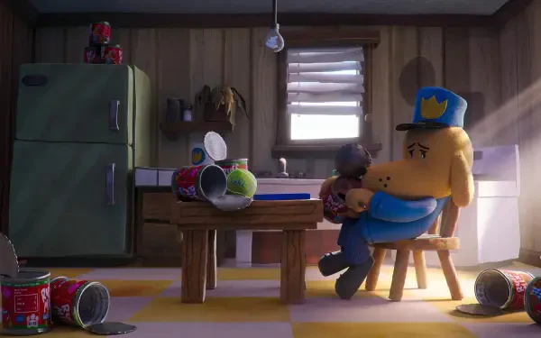 HD PC desktop wallpaper from the movie Dog Man (2025), showing the main character Dog Man sitting on a chair holding a small child in a cozy room with scattered cans.