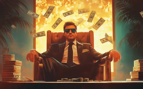 HD PC wallpaper of a confident billionaire businessman in a suit and sunglasses, sitting in a chair surrounded by flying money and stacks of cash.