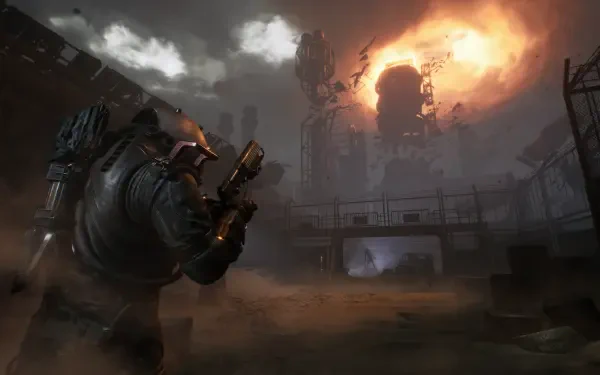 4K Ultra HD PC wallpaper from the video game Cronos: The New Dawn, featuring a dark industrial scene with a heavily armored figure aiming a weapon at a fiery explosion.